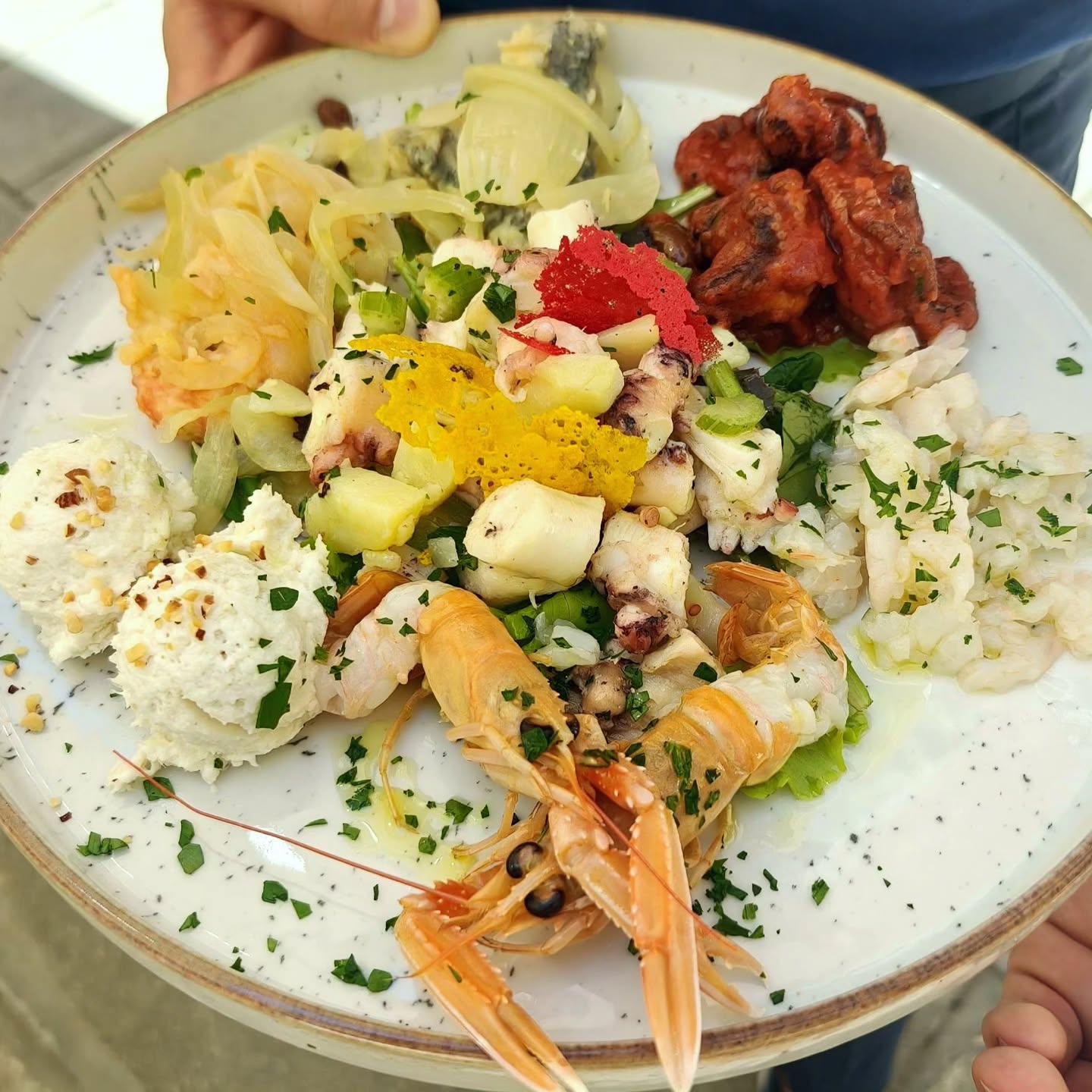 A celebration of the sea on a plate. Fresh langoustines, octopus salad, octopus with tomatoes sauce, shrimps saor, sardines saor, creamed cod with toasted hazelnuts, and all dressed with citrus zest and a touch of creativity. A perfect summer harmony of textures and flavors. “Scampi freschi, insalata di polpo, polpo con salsa di pomodoro, gamberi in saor, sarde in saor, baccalà mantecato con nocciole tostate, il tutto arricchito da scorza di agrumi e un tocco di creatività. Una perfetta armonia estiva di consistenze e sapori.