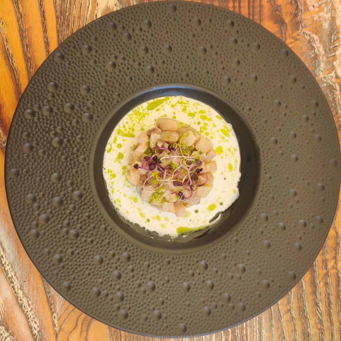 Tartare di pesce spada su crema delicata e olio aromatico. Swordfish tartare with a delicate cream and aromatic oil.